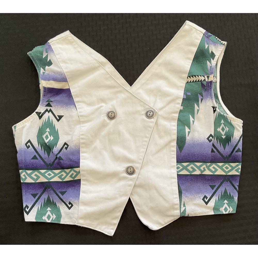 Vintage Roughrider Vest Womens Medium White‎ Purple Green Aztec Western 90s USA